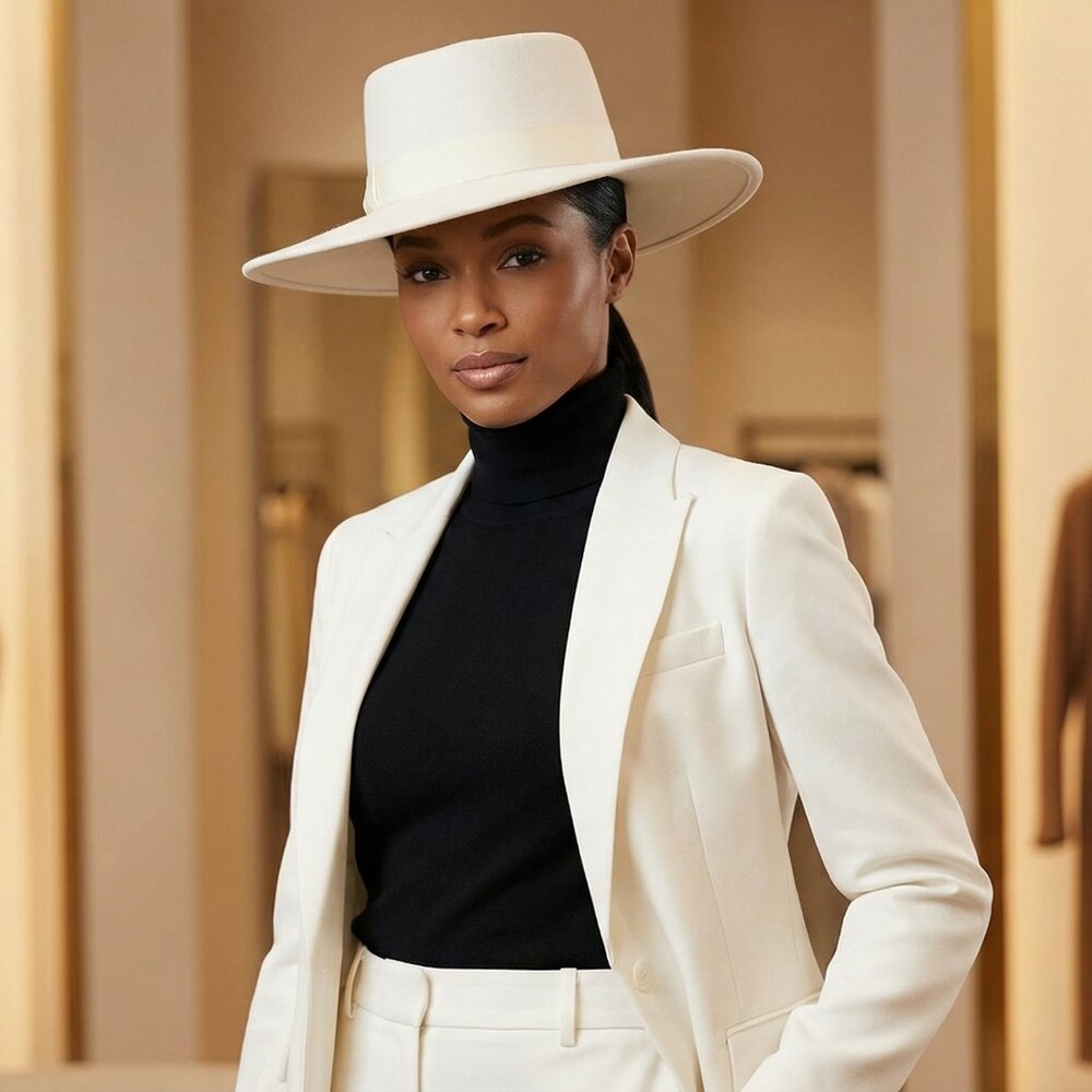 Wide Brim Boater Hat in Faux Felt - Structured Hat with Ribbon White - Picture 2 of 6